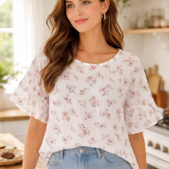 Bellambia Tops - Bellambia Linen Top Boxy Floral Italy